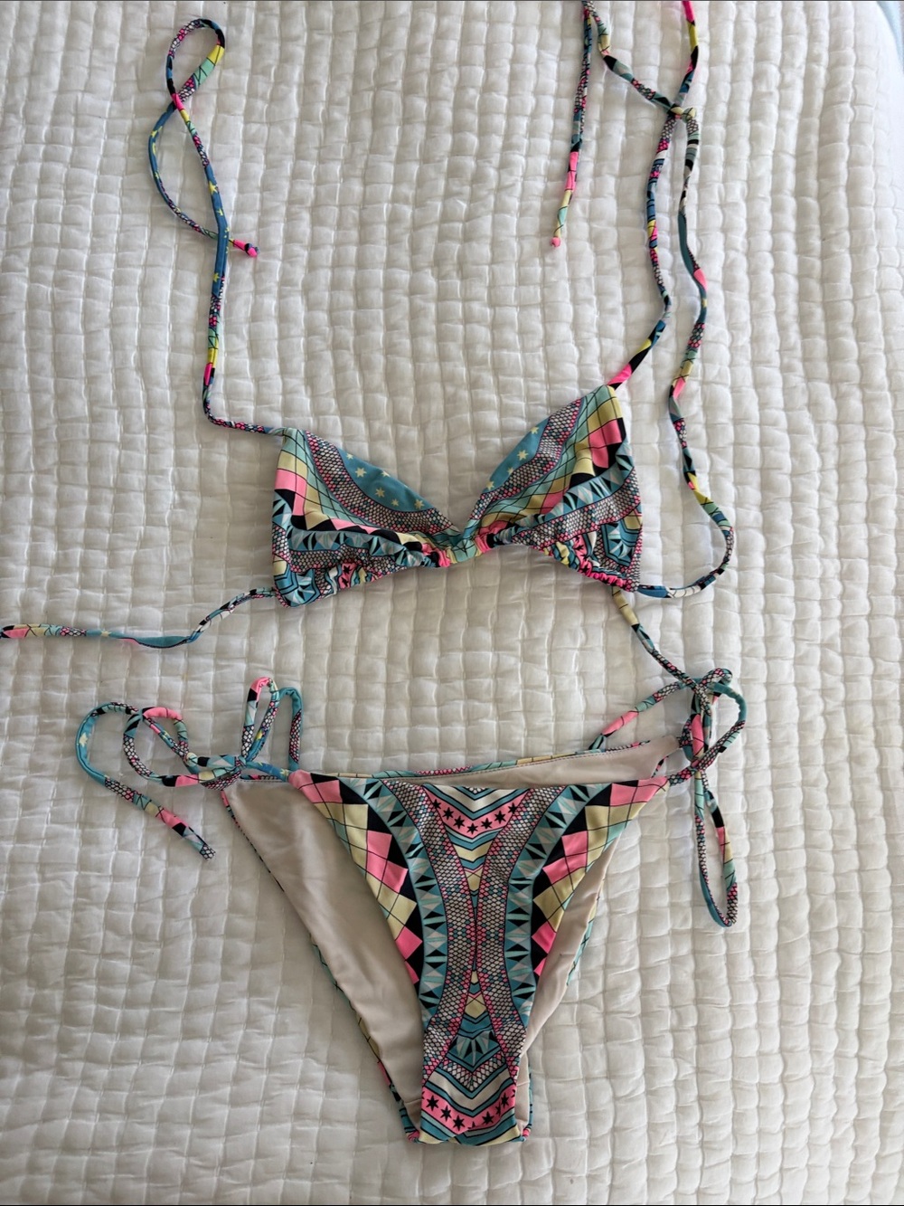 Mara Hoffman Multicolor Geometric Print String Bikini — Teal, Pink, Yellow
